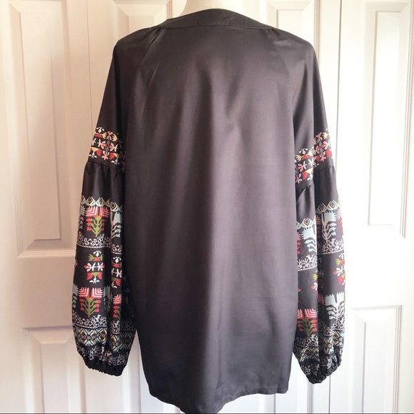 Misslook Gray Boho Print Long Sleeve Oversized Peasant Blouse - Picture 11 of 13
